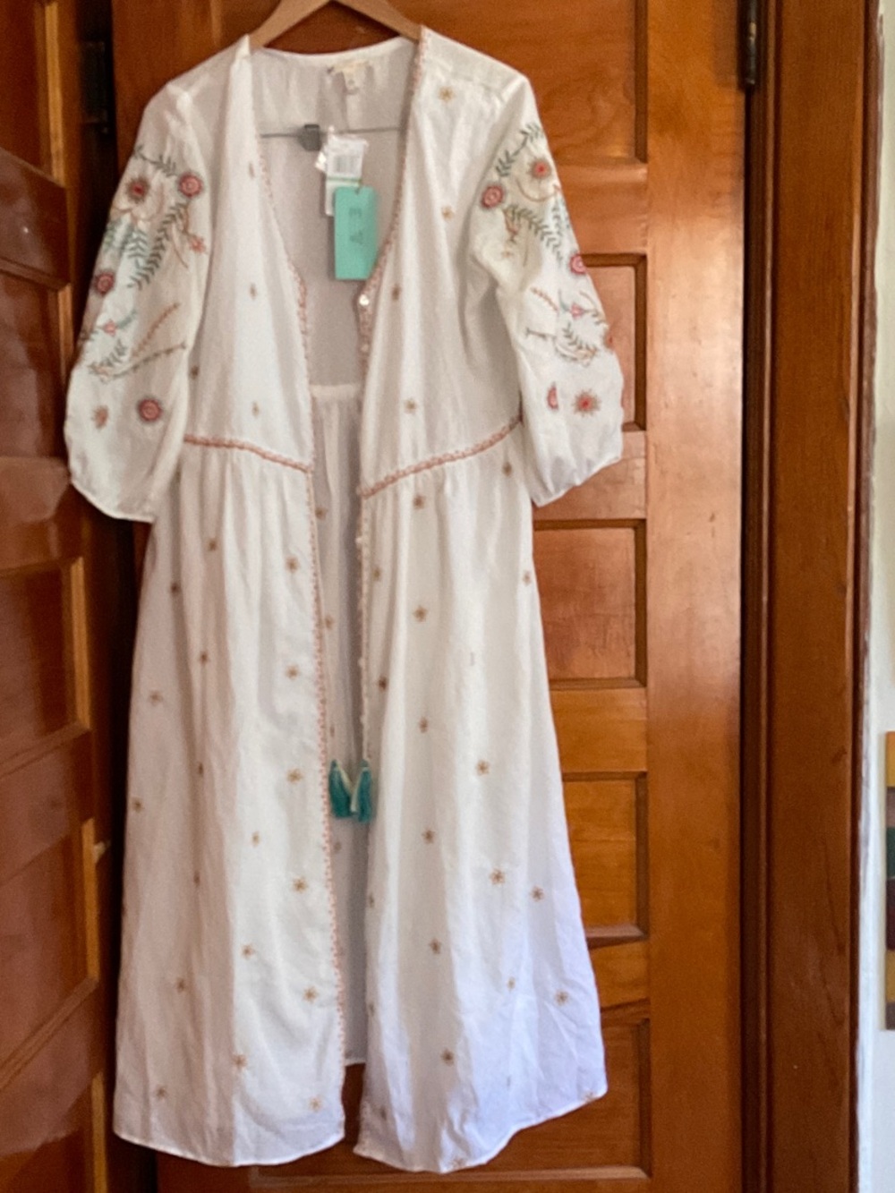 J. Crew White Embroidered Maxi Dress with Green and Pink Accents